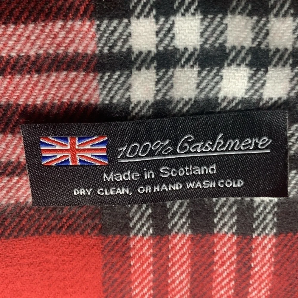 Cashmere winter scarf red black and white plaid with braided fringe